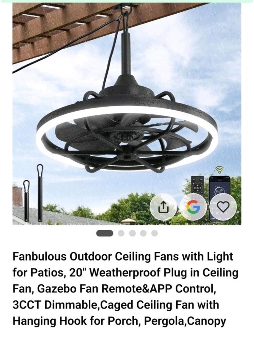 20" Outdoor Ceiling Fan with Light, IP65 Waterproof Outdoor Gazebo Fan Black